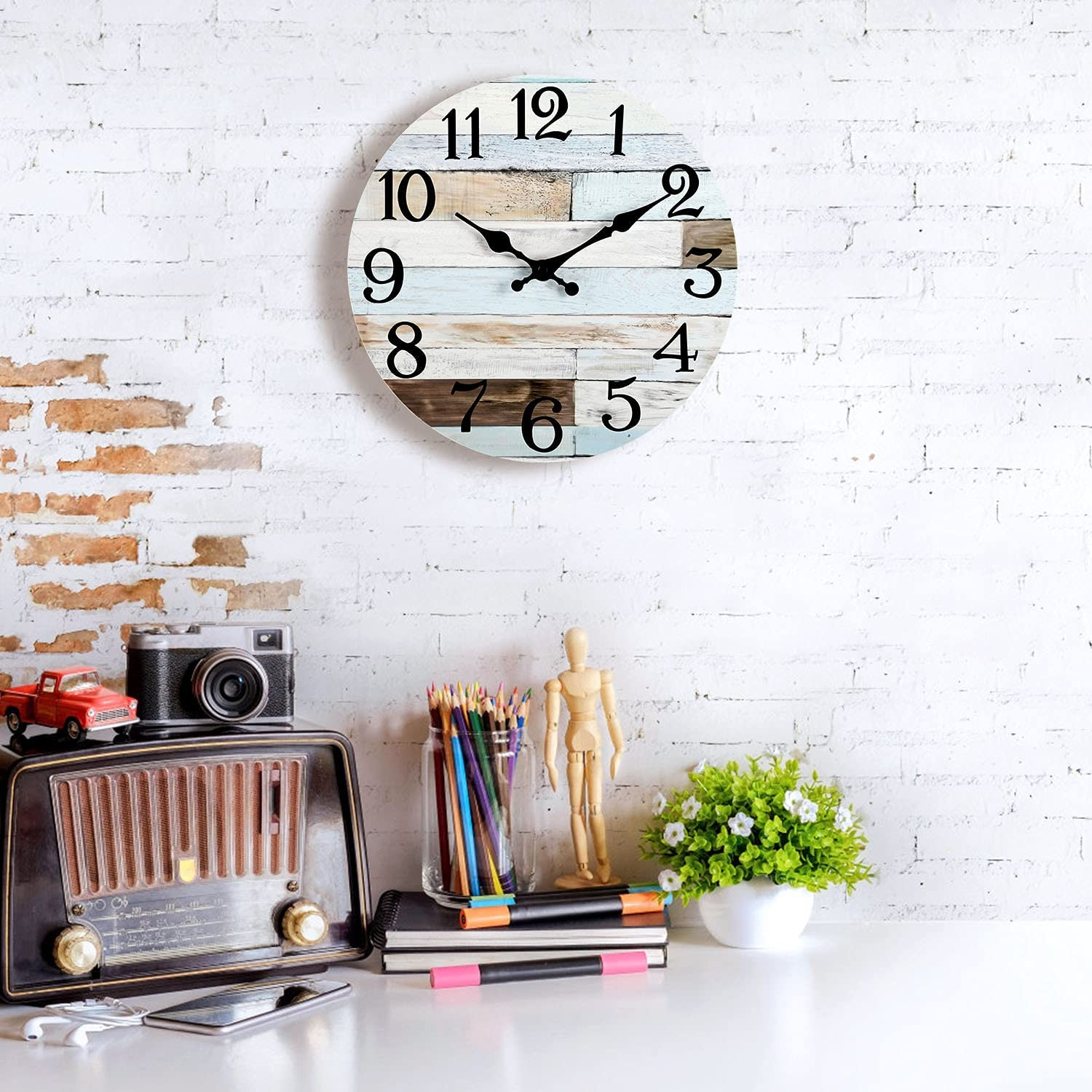 (Ø25cm) Wanduhr Home Dekoration im Holz Design (Batteriebetrieben) - Blau / Braun