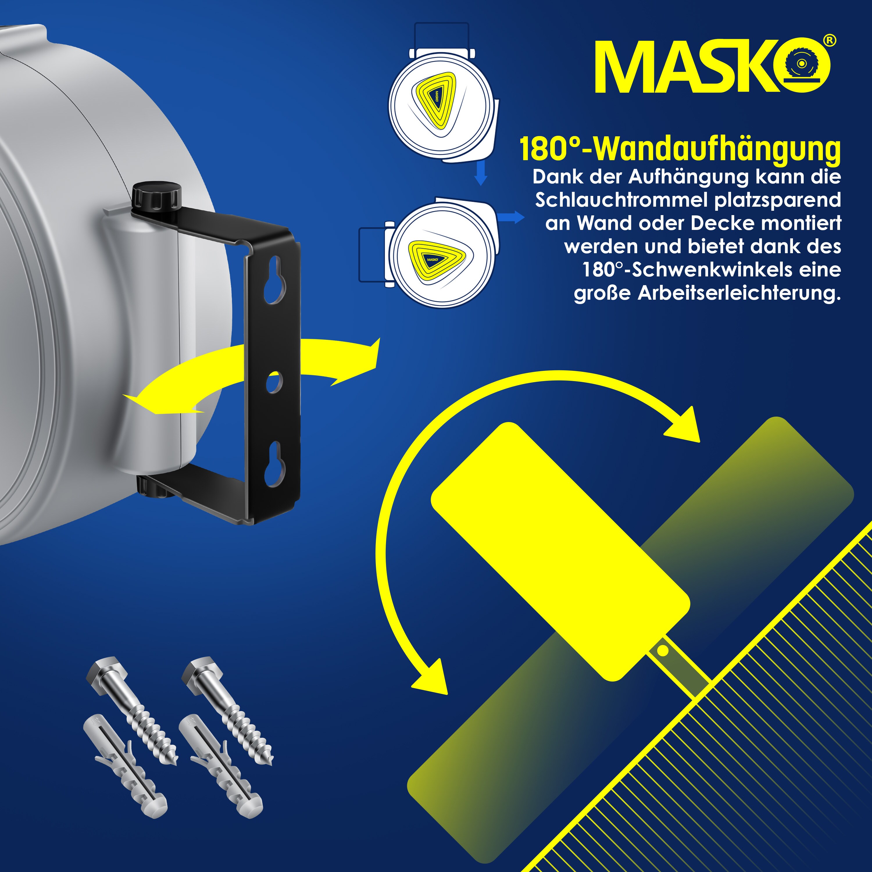 MASKO® Automatik Kabeltrommel Verlängerungskabel mit 3-Fach Anschluss 180° drehbar 1,5m Zuleitung Wandhalterung Werkstatt Kabelaufroller Automatisch Stromtrommel Schlauchaufroller Inkl. Handschuhe