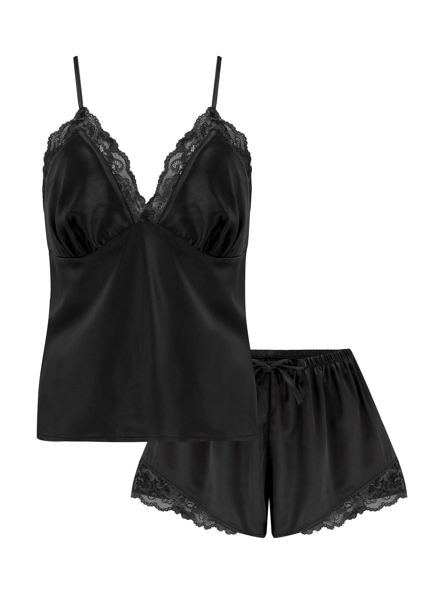 Zwart - Pour Moi Dusk satijnen cami en shorts set met kanten rand