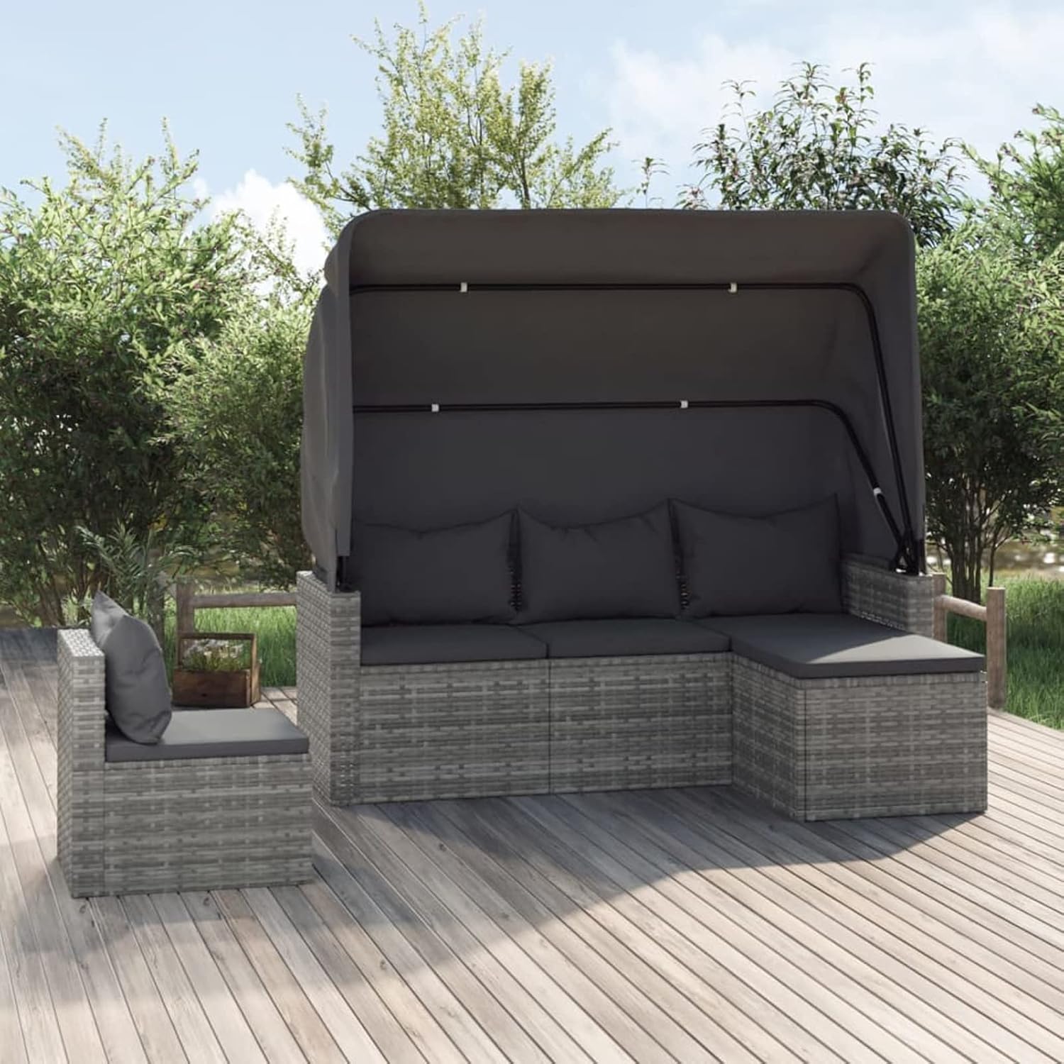 Fasba 4-TLG. Gartensofa mit Sonnendach, Gartensofa 3 Sitzer, Gartenlounge Set Polyrattan, Sonnenliege Gartenliege Mittelsofa Fu?hocker Poly Rattan Grau/ 3186649