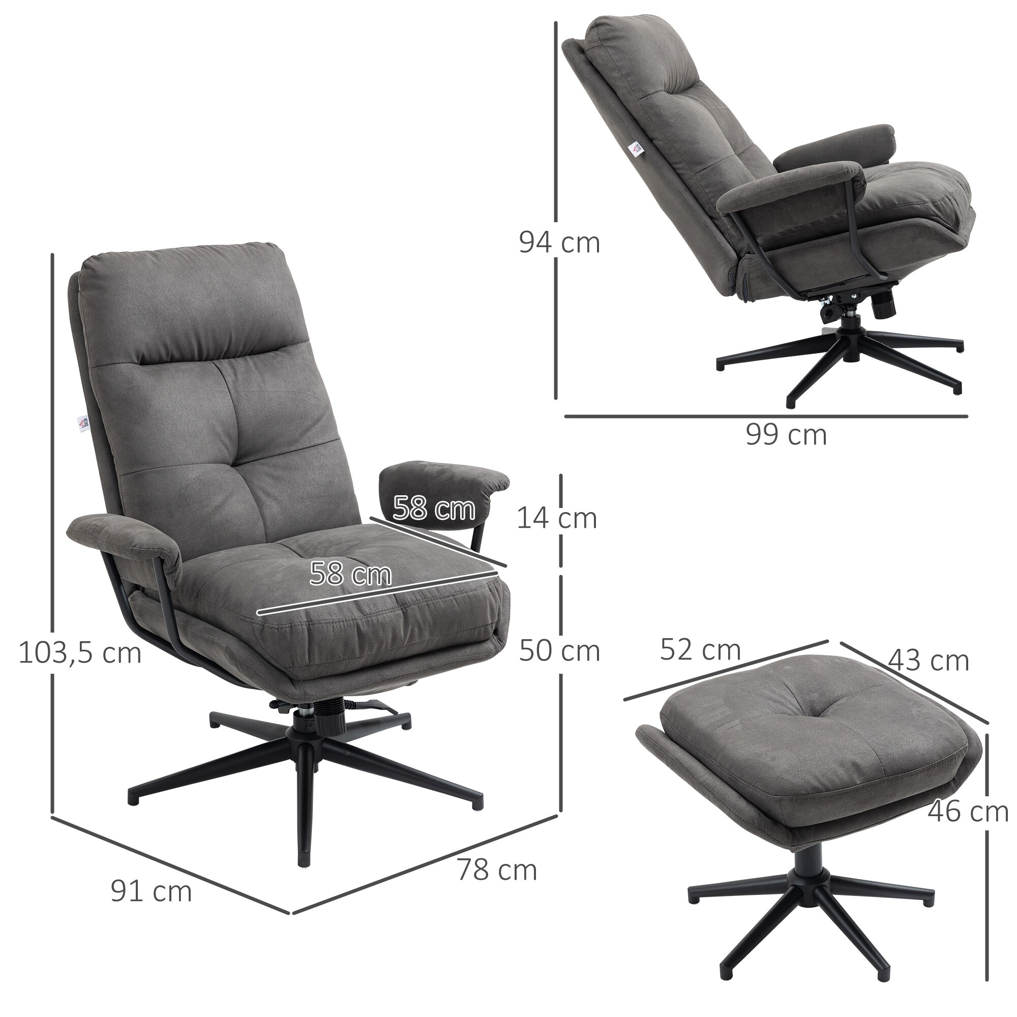 HOMCOM Relaxsessel mit Hocker grau 78L x 91B x 103,5H cm