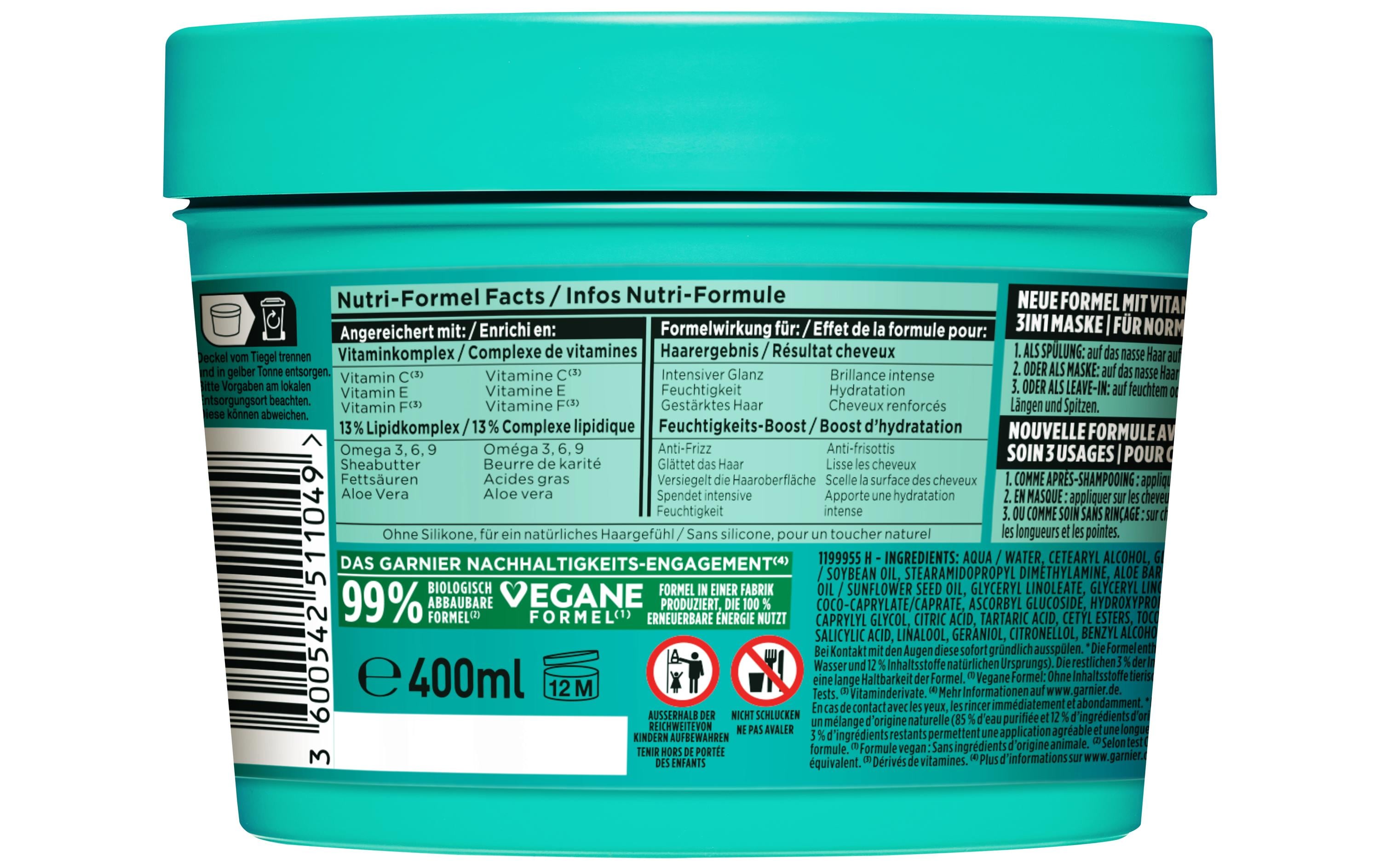 Fructis Hair Food 3in1 Maske Aloe Vera 400 mlHaarpflege entwirrt und versorgt intensiv mit Feuchtigkeit, ohne zu beschweren