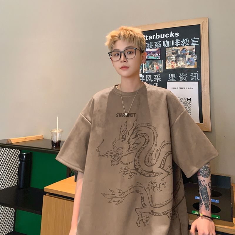 Lingaris - T-shirt met korte mouwen, ronde hals en drakenprint