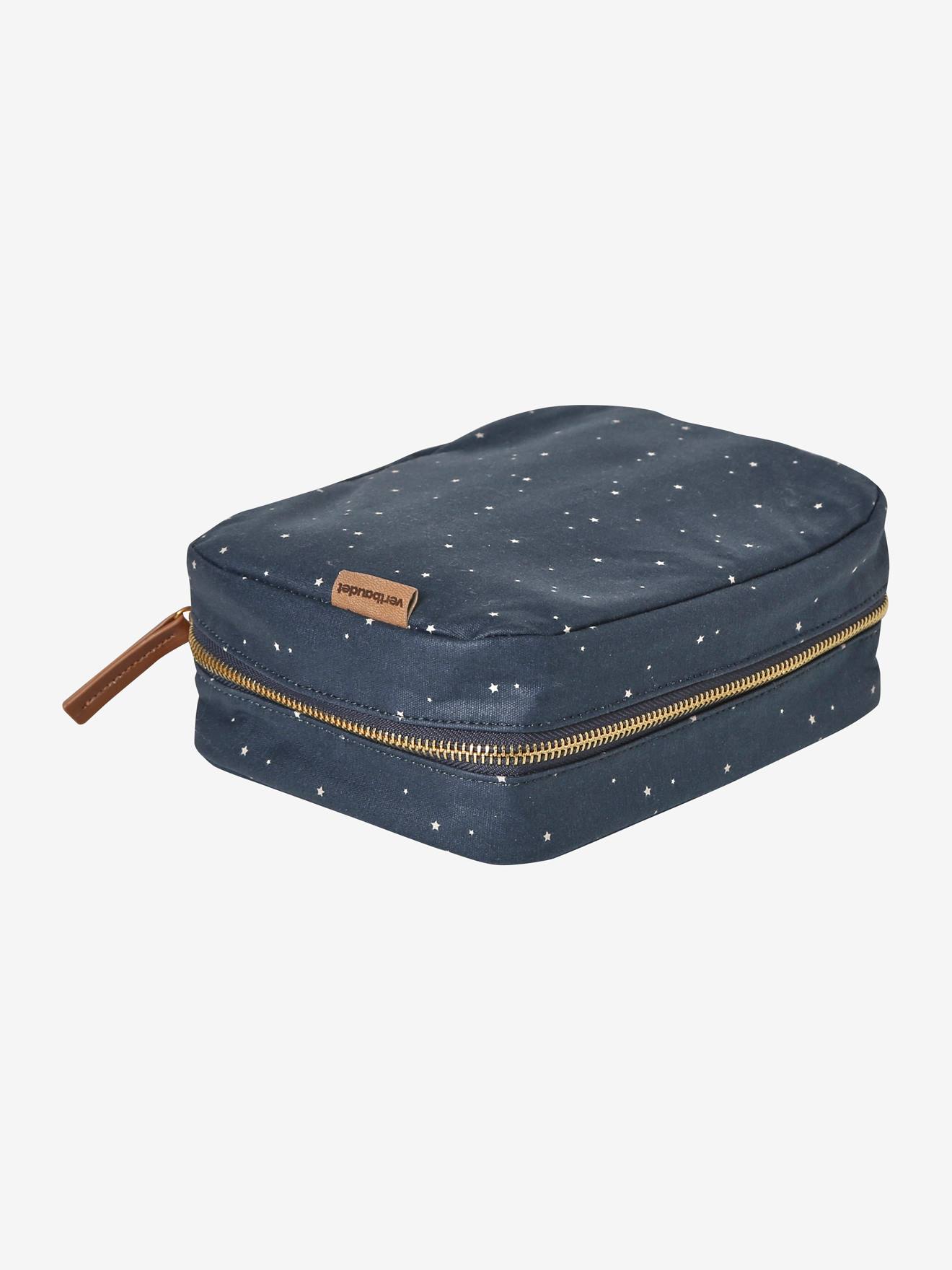 Lancheira de algodão com forro estampado azul escuro.