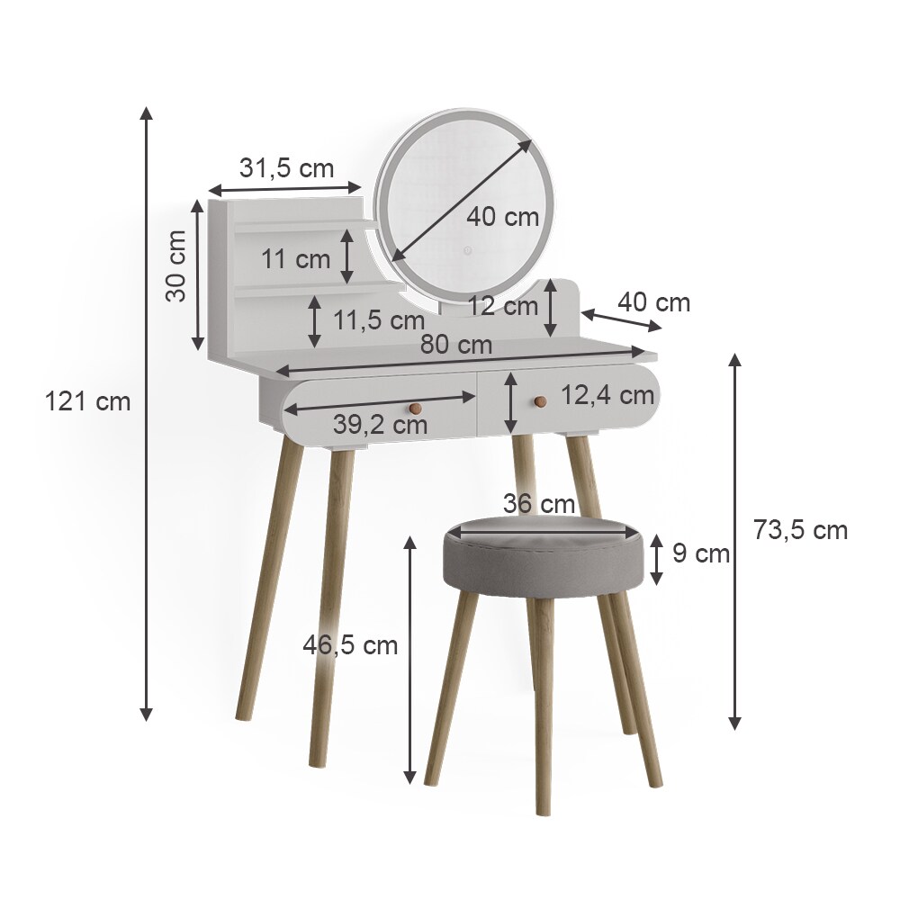 Vicco Schminktisch Frisiertisch Schminkkommode Edda Weiß LED-Spiegel Hocker 80x121 cm Skandi Schlafzimmer Kommode Schublade Ablage Aufbewahrung Kosmetiktisch Schminkkonsole Make-Up-Tisch