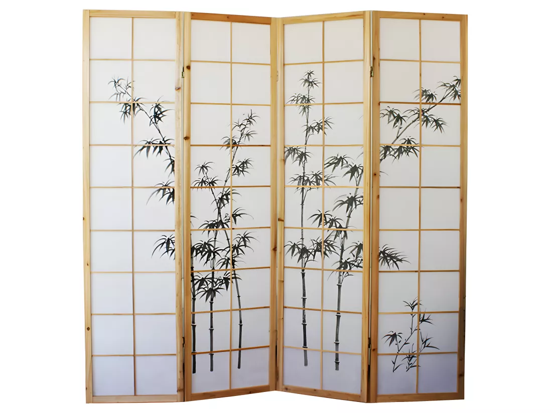 Paravent japonais en bois naturel avec dessin bambou 4 pans
