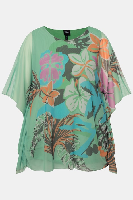Bluse, Blüten, doppellagig, Rundhals, Halbarm