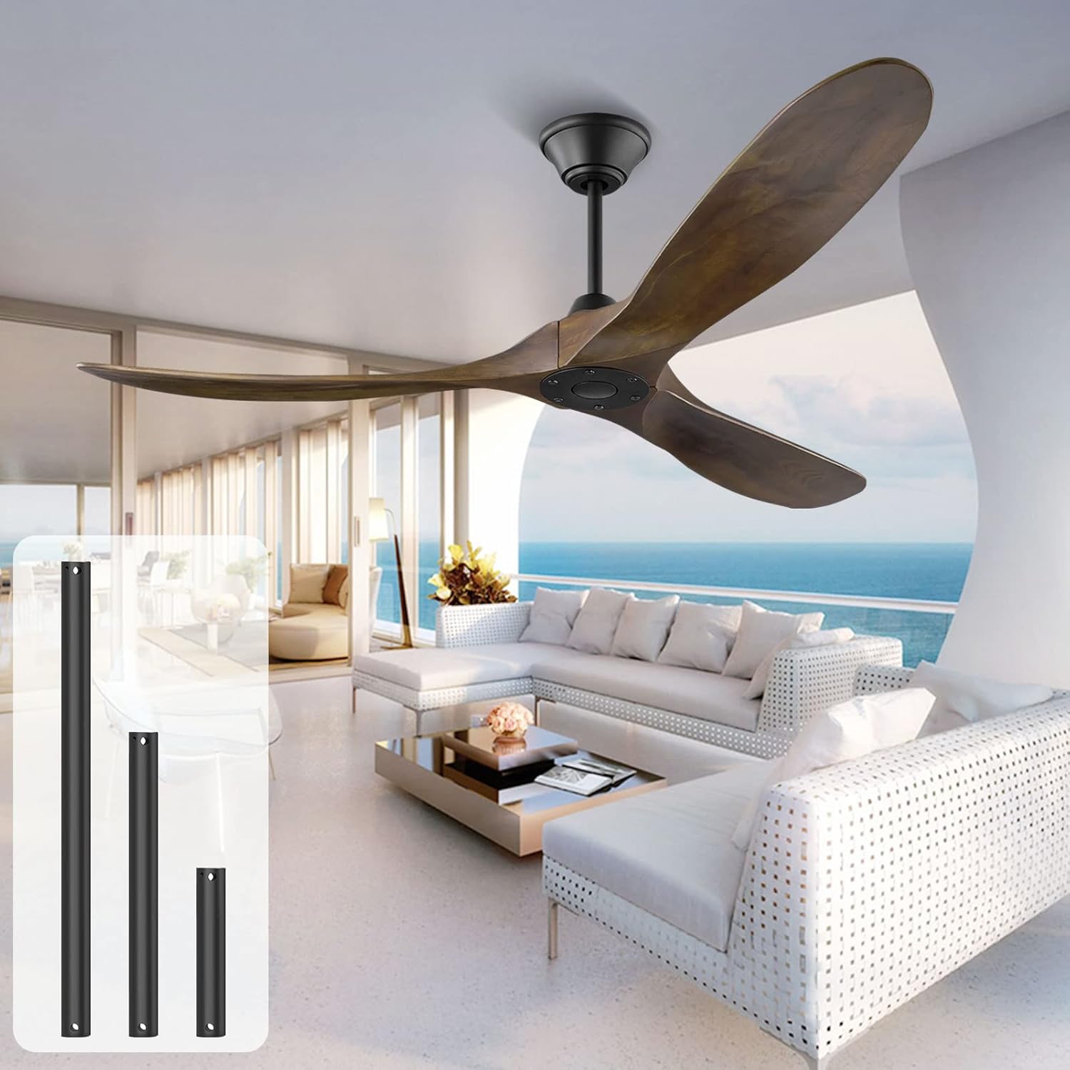 Deckenventilator ohne Beleuchtung mit Fernbedienung, 152cm Holz Retro Deckenventilator, Reversibler DC Motor Timing-Funktion für Schlafzimmer Wohnzimmer Bauernhaus Veranda