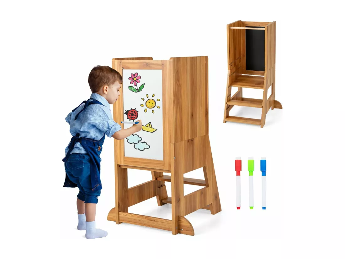 Tour d'apprentissage Enfant avec Hauteur Réglable & Tableau, Tour d'Observation Montessori en Bois avec Rail de Sécurité & Pieds Anti-Bascule, Charge 70kg pour Enfant de 1-7 Ans (Naturel)