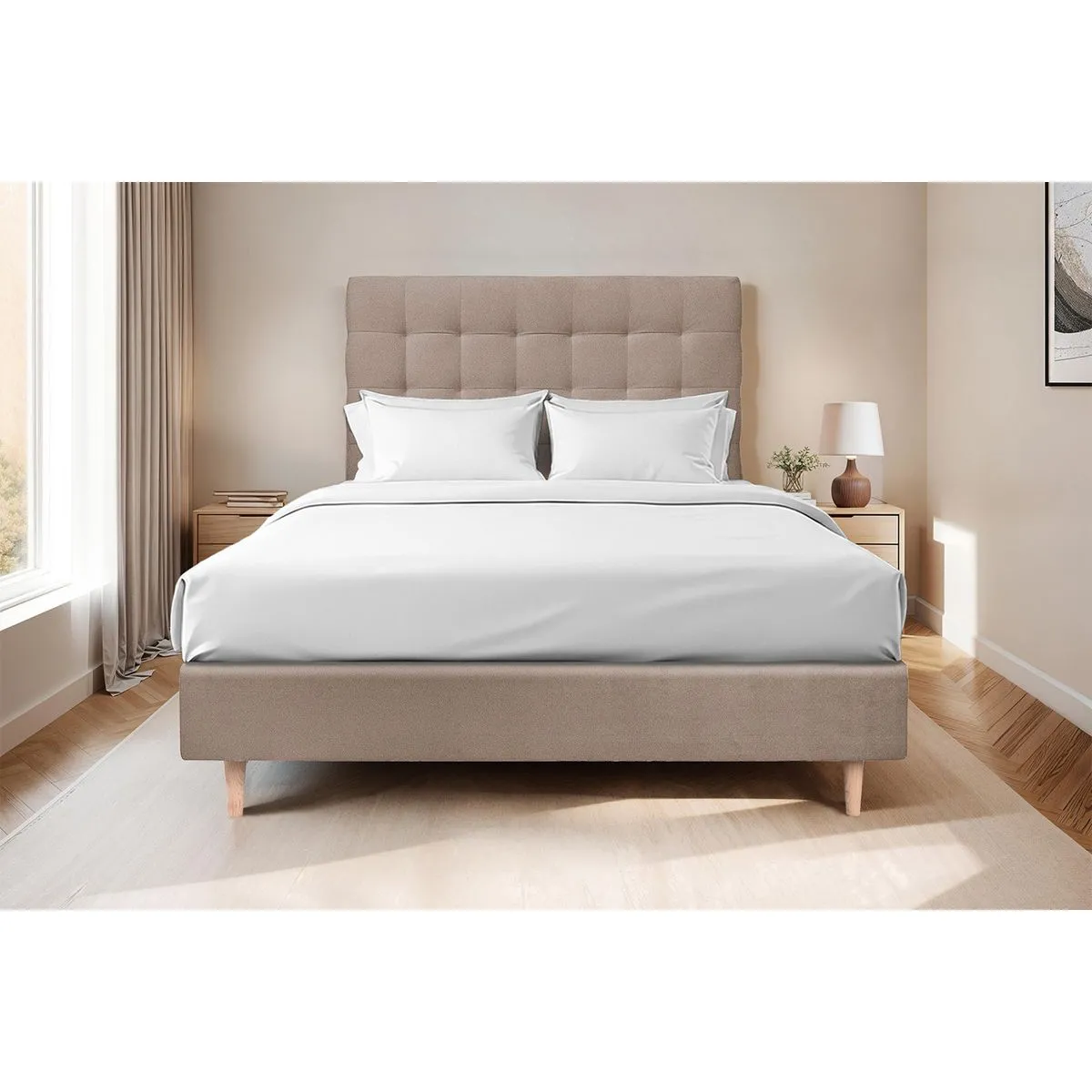 Sommeil de plomb Lit 150x200cm - Tête de lit capitonnée velours - Sommier tapissier taupe