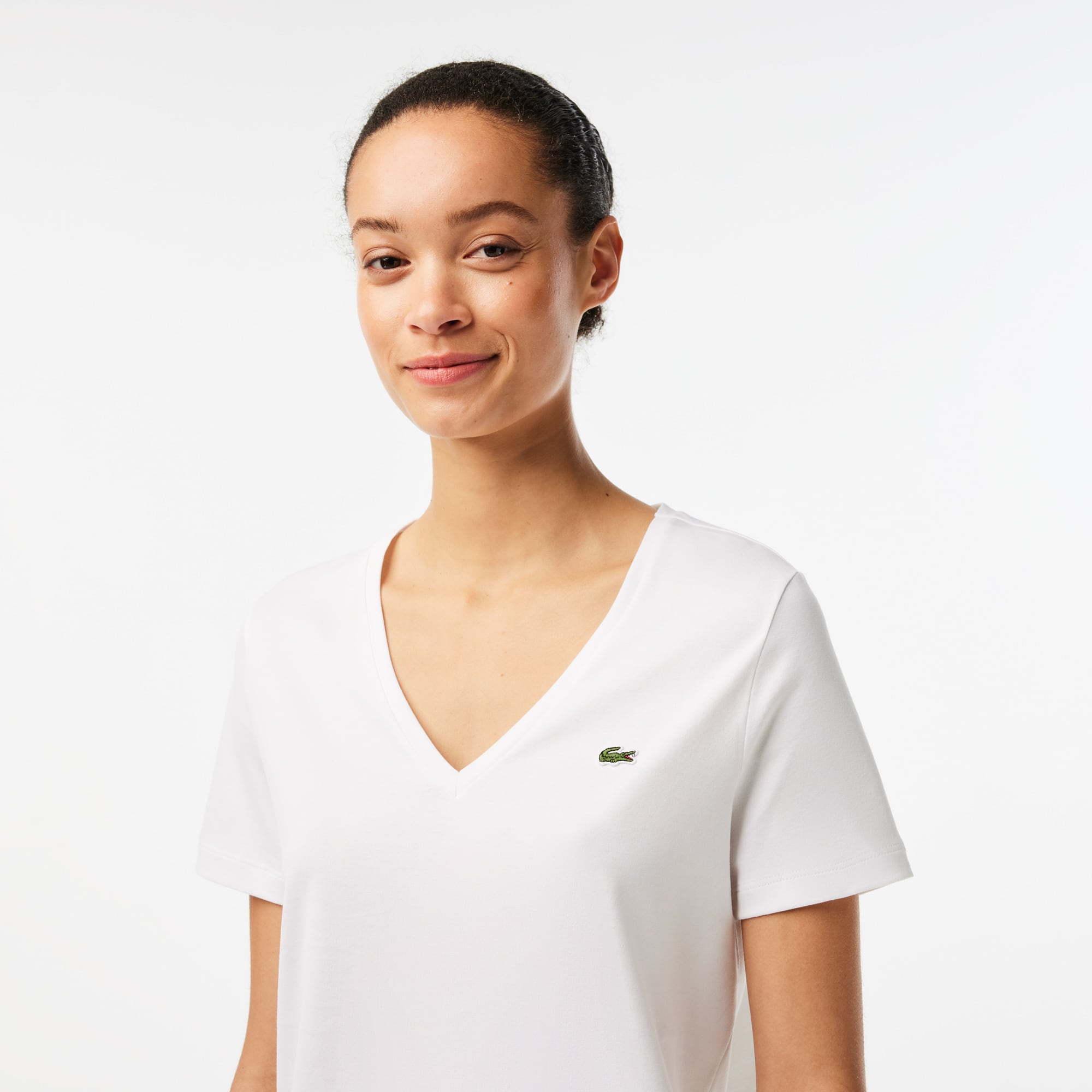 T-shirt à col V loose fit en coton uni T-Shirts - Blanc - Lacoste - Femme