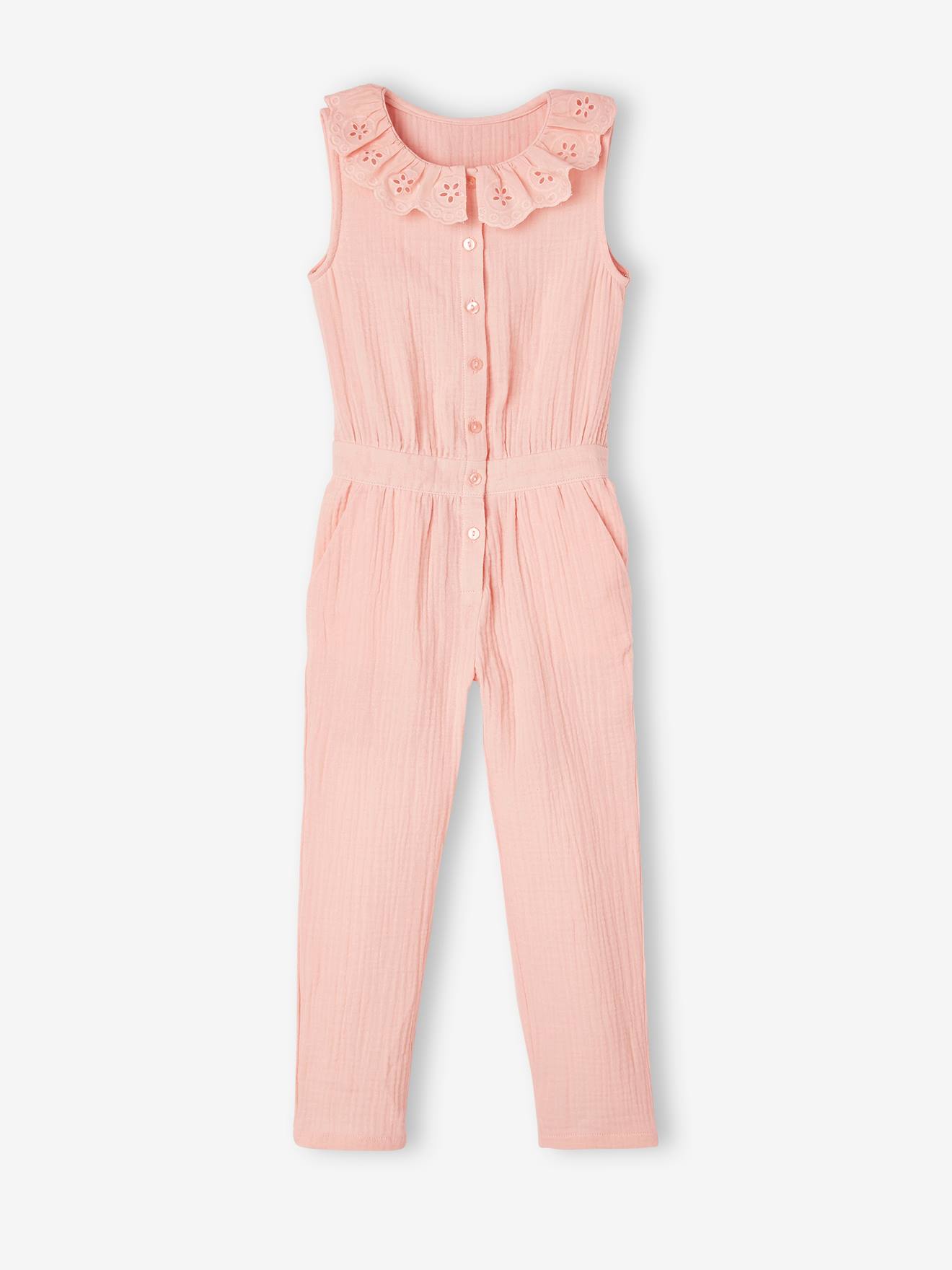 Macacão rosa claro de chiffon de algodão com gola bordada em estilo inglês para meninas
