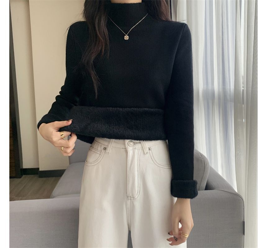 PINPI - Lange mouwen, geribbelde top met effen fleecevoering en mockneck