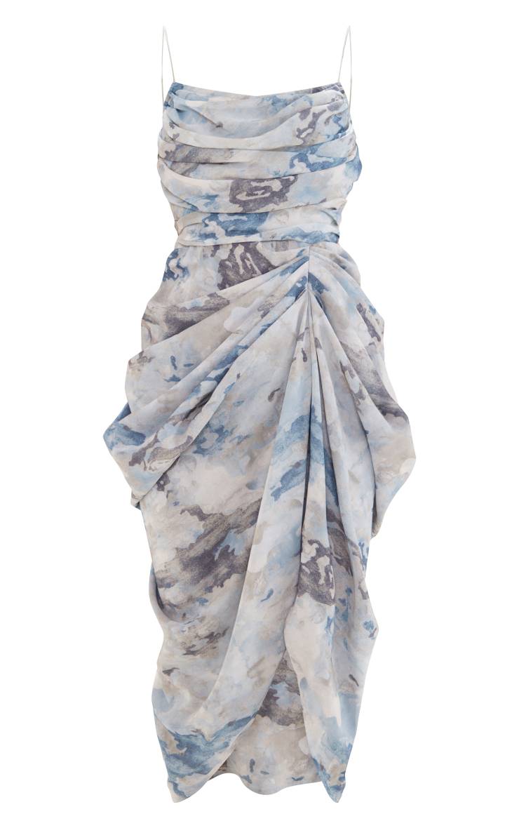Gris Robe Midi Drapée Froncée En Mousseline