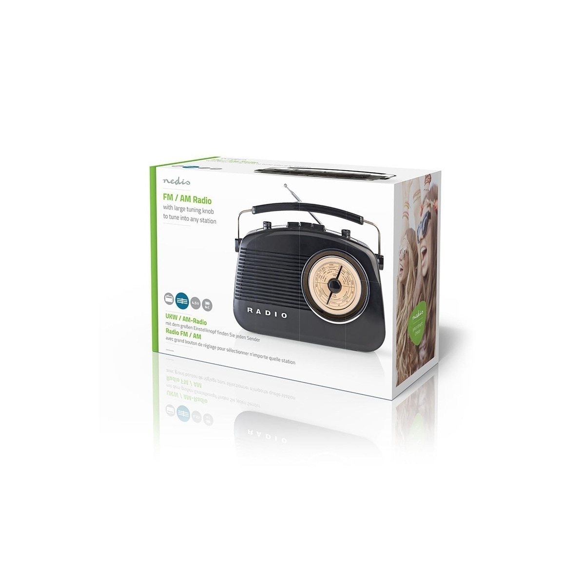 Nedis FM-radio | Bord design | AM / FM | Batteri drevet / Nettstrøm drevet | Analog | 4.5 W | IP20 | Bære håndtak | Sort