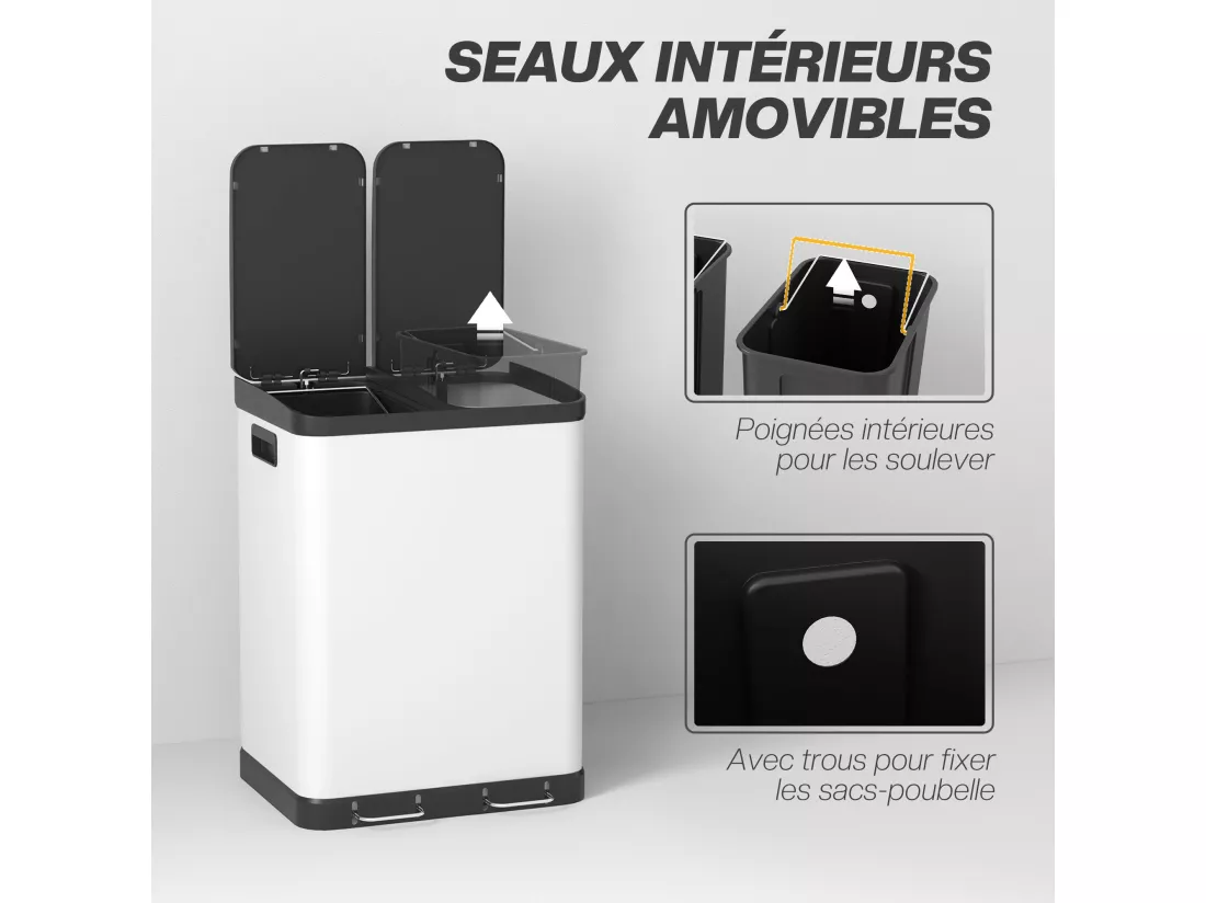 Poubelle de cuisine 2 x 30L - poubelle à pédale 2 compartiments seaux amovibles - acier inox. blanc