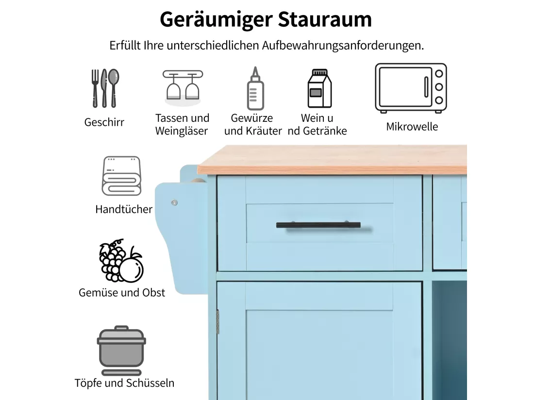 Ilot central de cuisine mobile avec 2 portes et 3 tiroirs - plateau extensible - 129x46/71x91,5 cm - Bois MDF + métal - Bleu + naturel