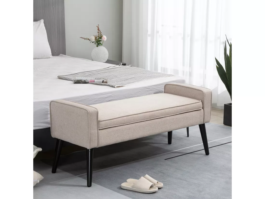Banquette coffre de rangement 2 en 1 style contemporain pieds effilés bois d'hévéa noir aspect lin beige