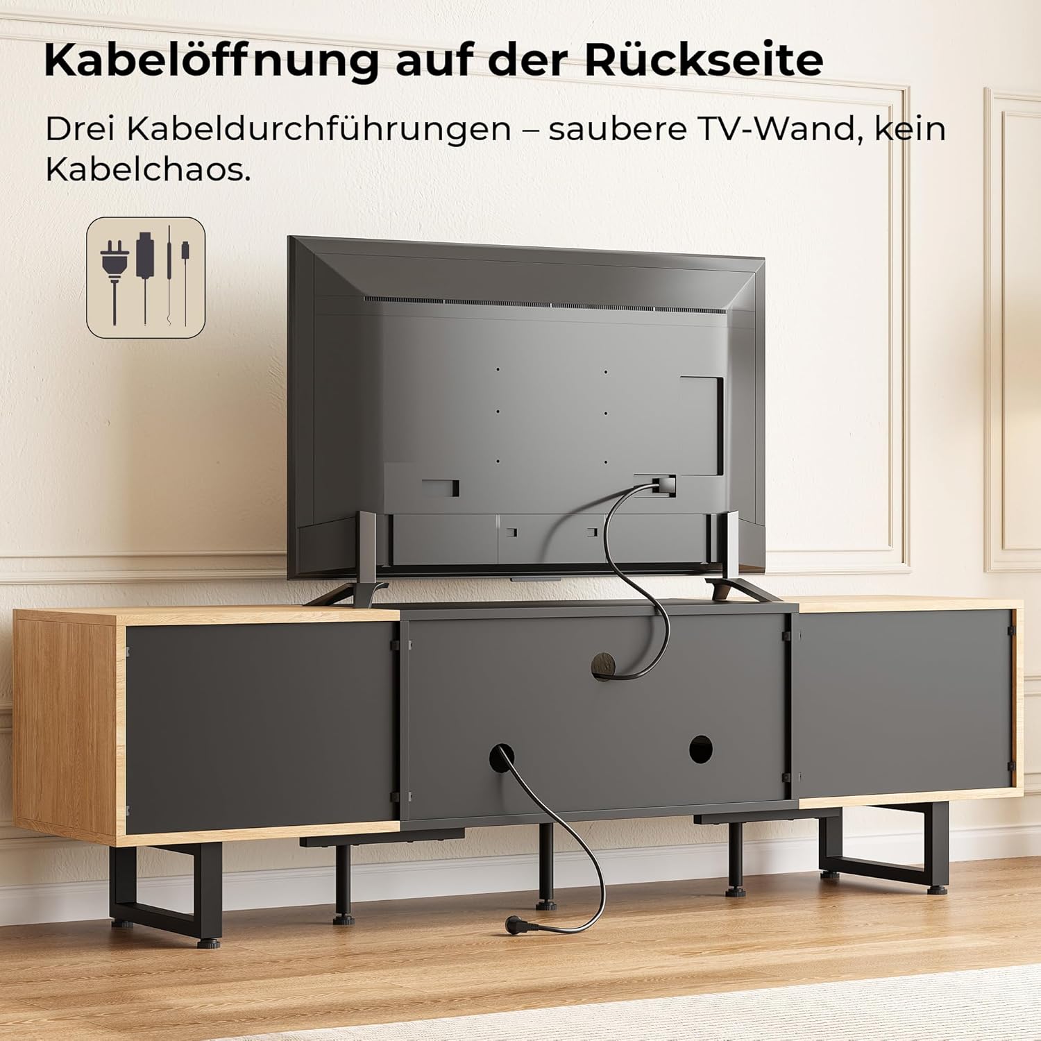 IRONCK TV Schrank 180cm Lowboard für Fernseher bis zu 65/75/80 Zoll, Fernsehtisch mit 2 Türen 3 offenen Fächern, Fernsehschrank Holz, Modern TV Board für Wohnzimmer, Schlafzimmer (Schwarz/Eiche)