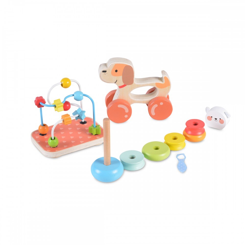 Moni Holzspielzeug-Set 2203, 9-tlg, Motorikschleife, Nachziehtier, Stapelspiel bunt