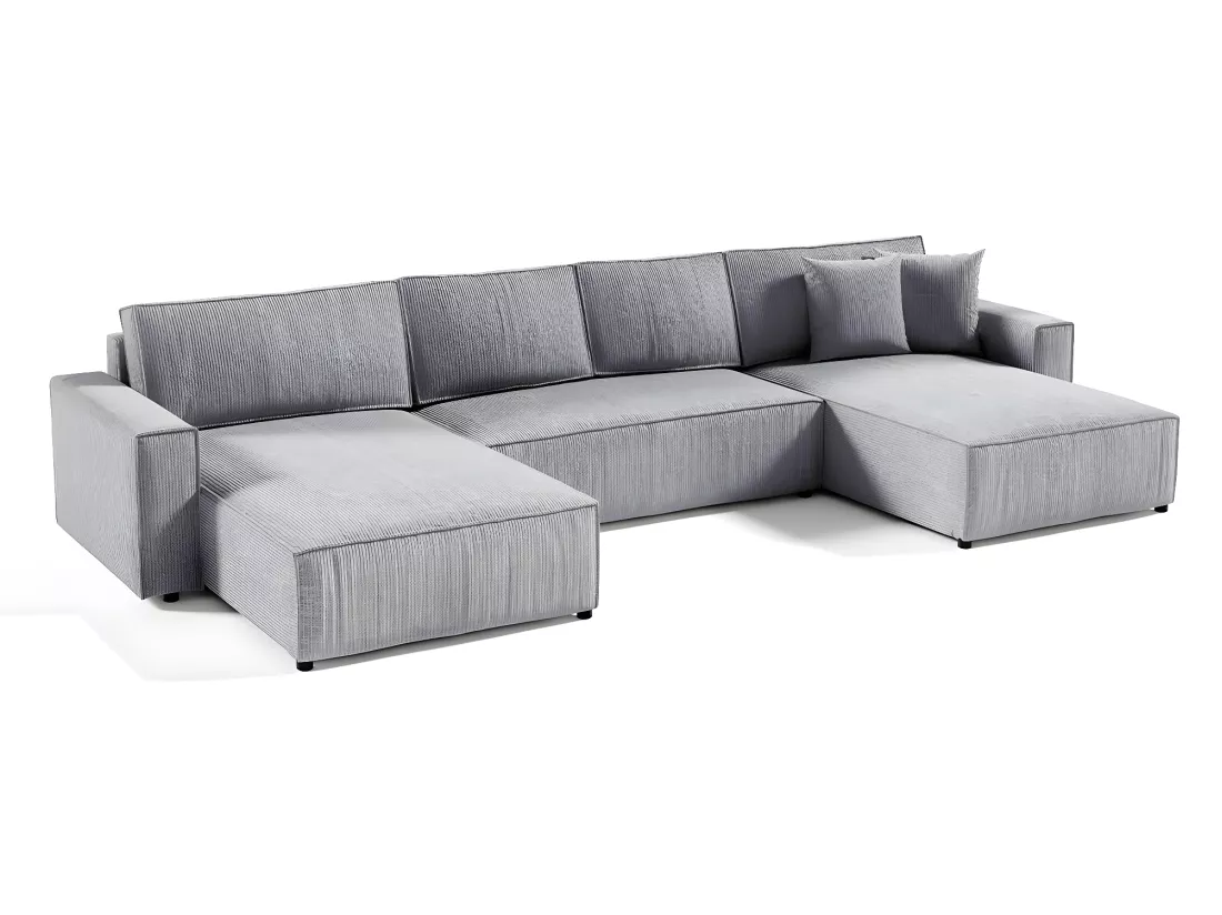 Canapé U 5 places convertible coffre Isaac velours côtelé Gris Clair