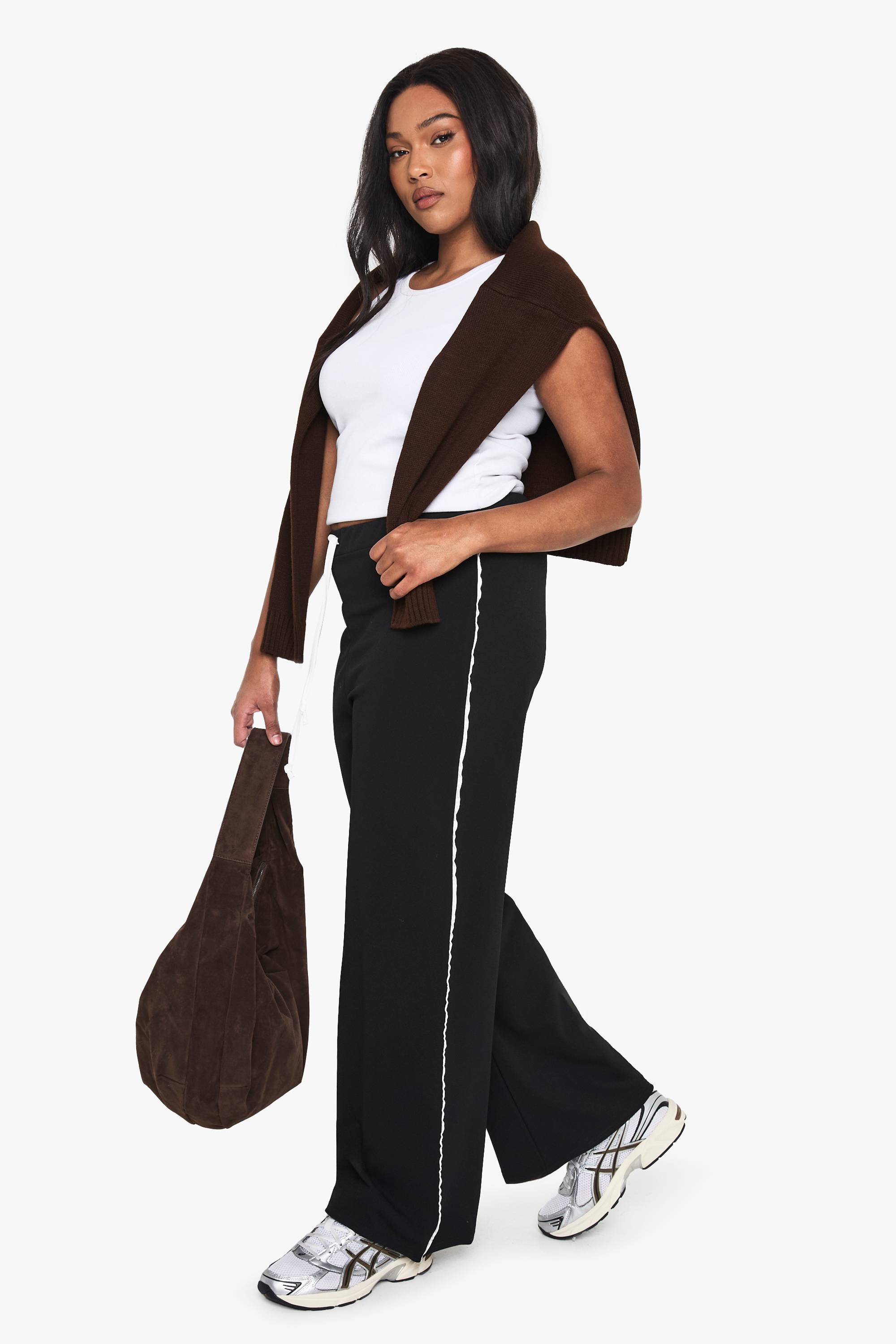 boohoo Plus Scuba Crepe Contrast Straight Leg Trouser