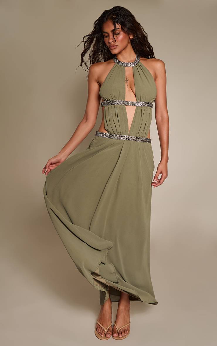 Kaki Robe Longue En Mousseline À Dos Nu Avec Col Licou Et Découpes Ornées