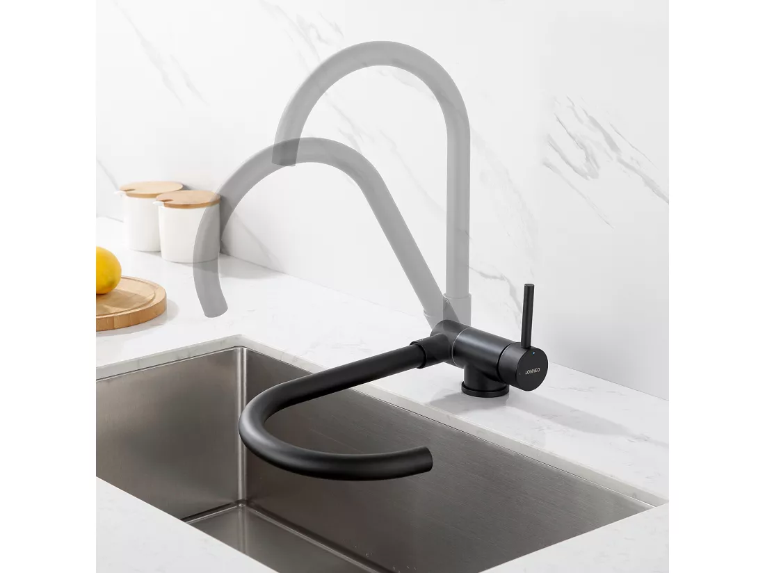 Lonheo Max Mitigeur Cuisine Rabattable Noir Pivotant 360°,Robinet Cuisine avec Poignée Pliable Contre Fenêtre,Acier Inox,Eau Chaude/Froide,EU Modèle