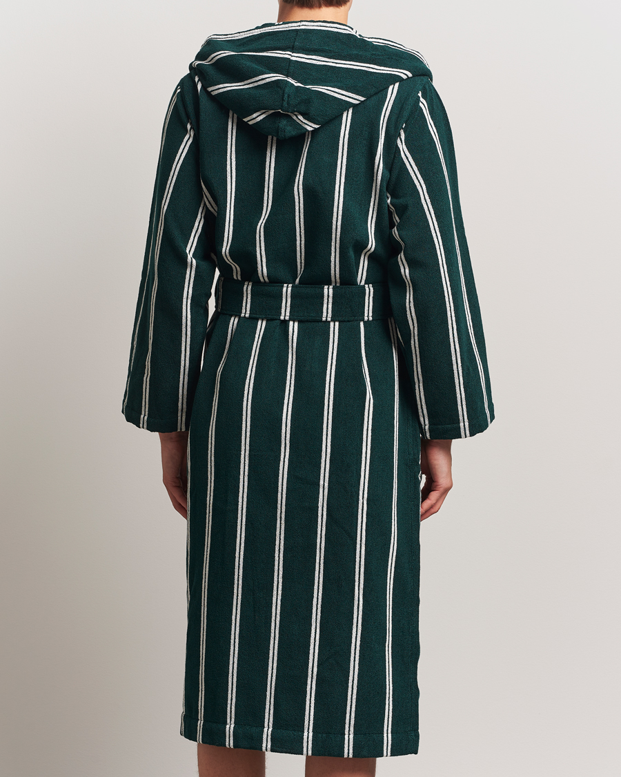 Tekla Organic Terry Hooded Bathrobe Forest Green Stripes