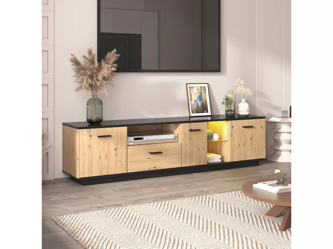Meuble TV LED 15 lampes - TV-Board avec 1 tiroir + 3 portes + 2 compartiments plaque de toit noir - naturel 180x40x45cm