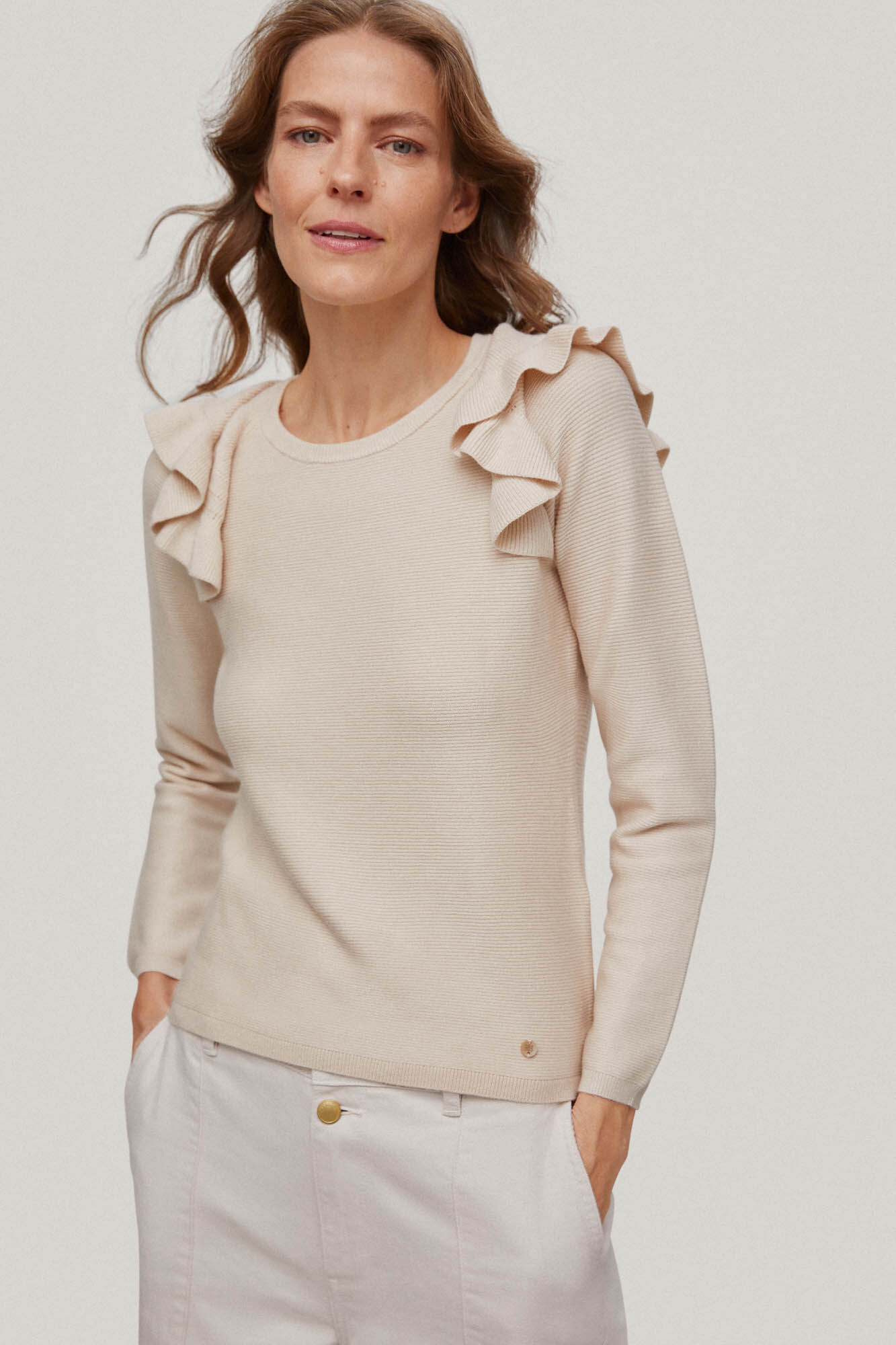 Blusa de malha com ombros franzidos - Branco-creme