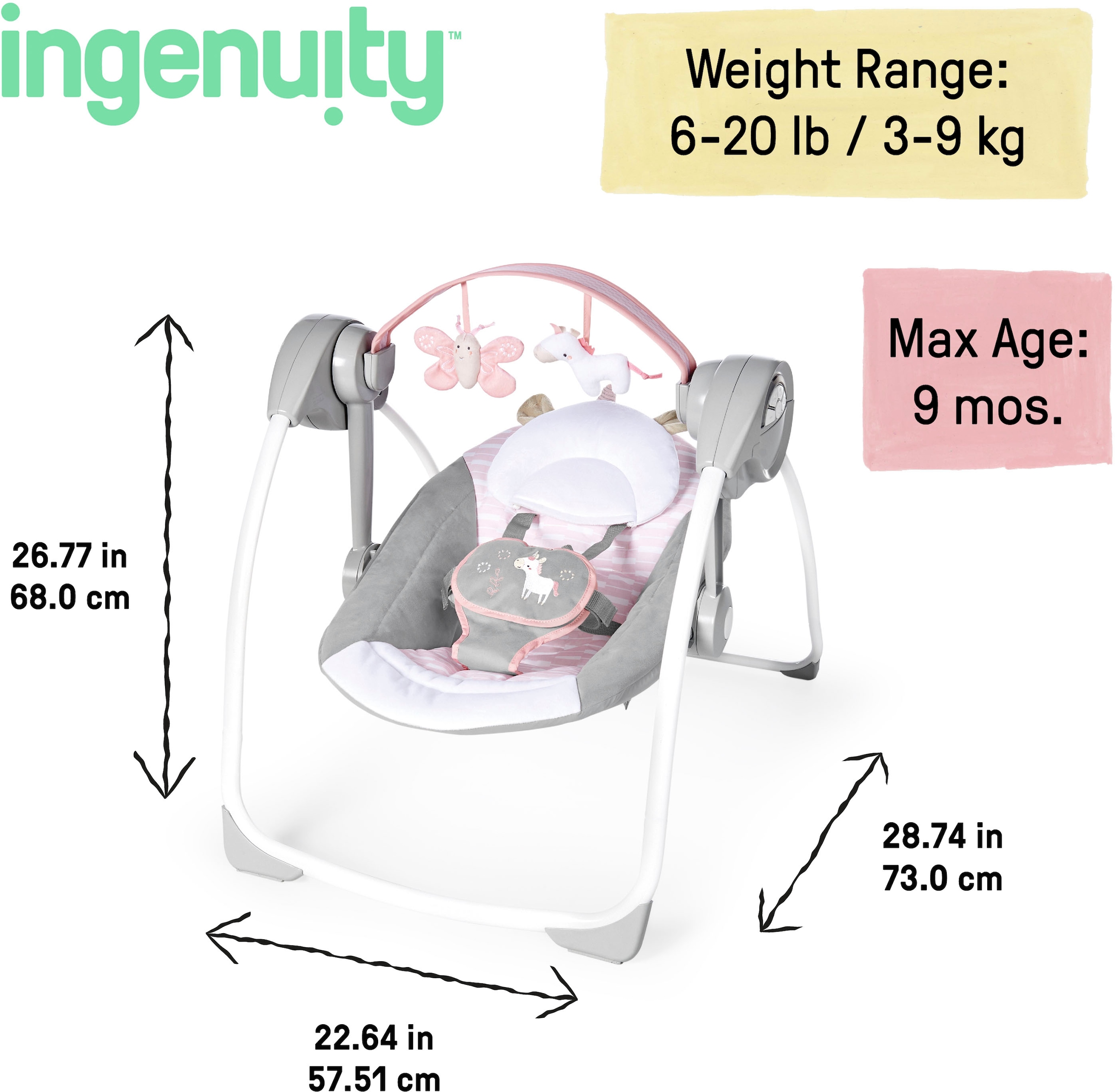 ingenuity Babyschaukel »Comfort 2 Go, Flora Unicorn« bis 9 kg tragbar