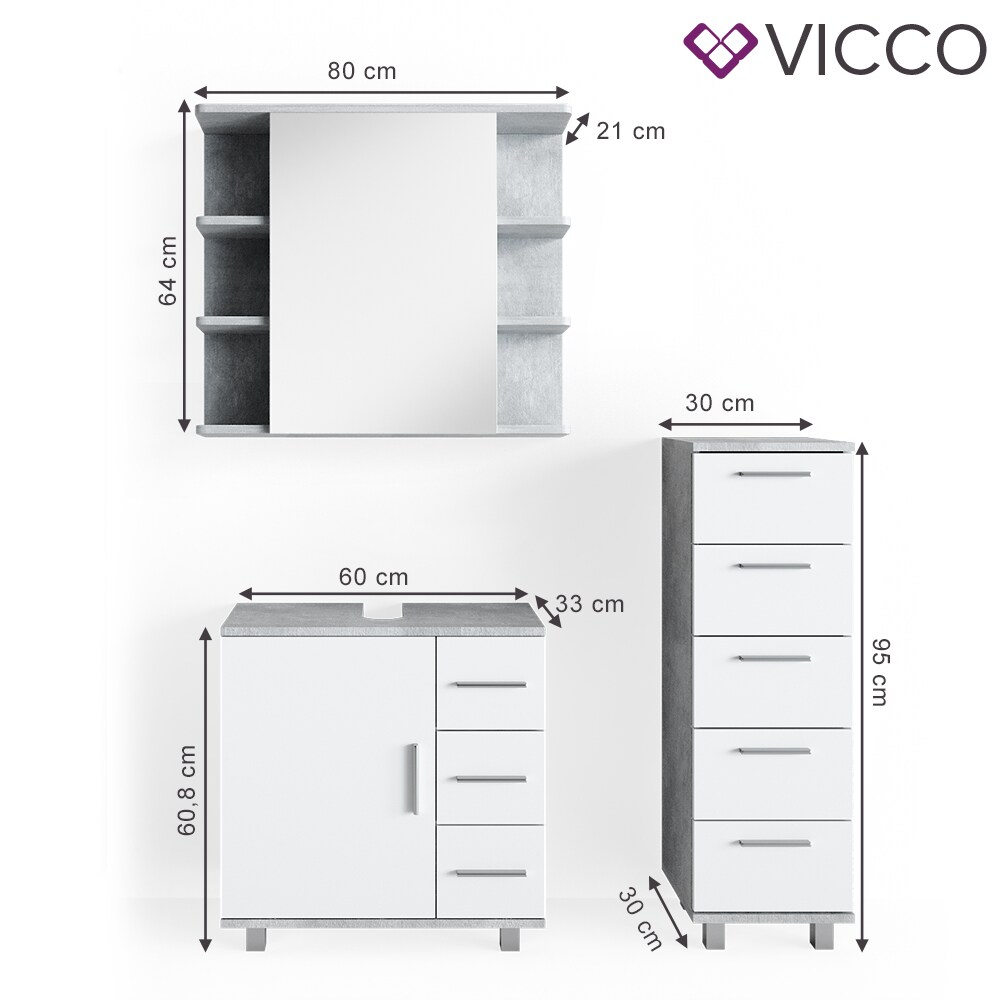 VICCO Badmöbel Set ILIAS Weiß Beton Bad Spiegel Kommode Unterschrank Badschrank