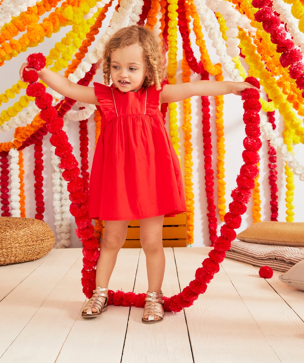 ROBE BÉBÉ FILLE ROUGE EN COTON AVEC VOLANTS ET DÉTAILS PAILLETÉS