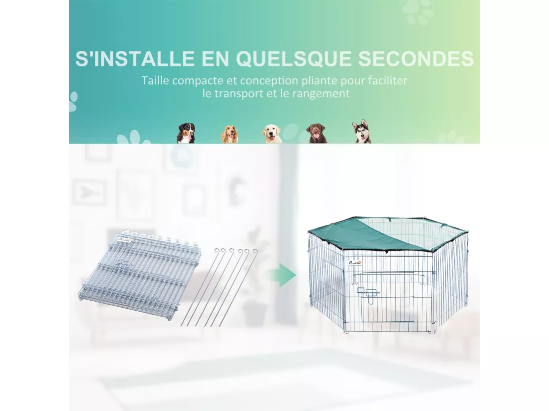 PawHut Parc enclos modulable Acier 6 Panneaux et 1 Porte pour Chiens Ø 120 x 60 cm Gris Métal vert