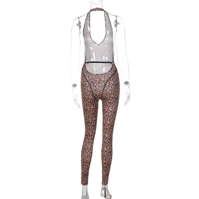 Ragom - Halter V-hals plunge luipaardprint open rug skinny jumpsuit
