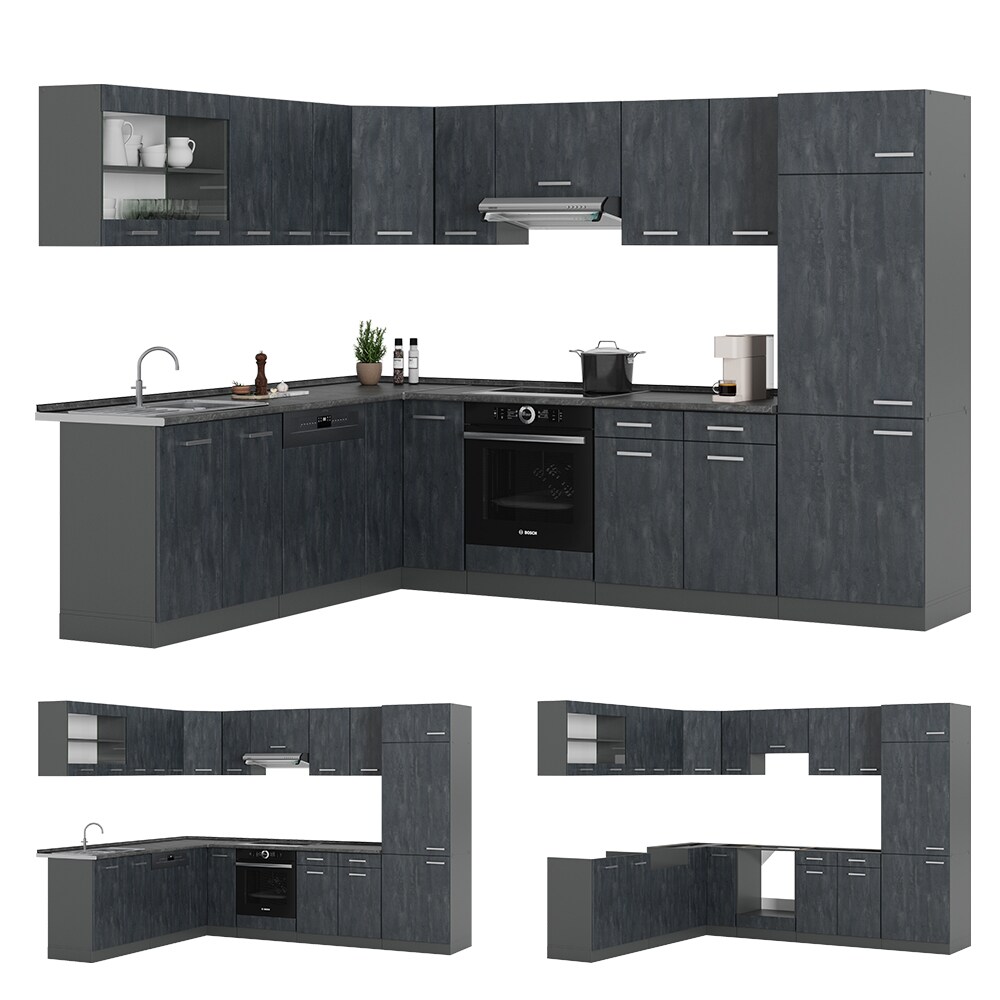 Vicco Eckküche R-Line 287x227 cm Schwarz Beton Anthrazit ohne Arbeitsplatte