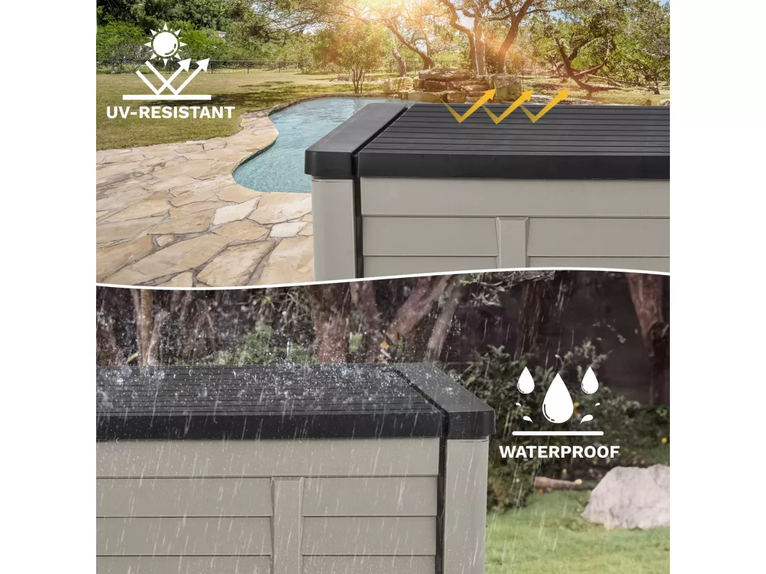 YITAHOME Grande Boîte de rangement de jardin - 450 L - Verrouillable avec Couvercle - Marron - 141 x 66,8 x 59.9 CM