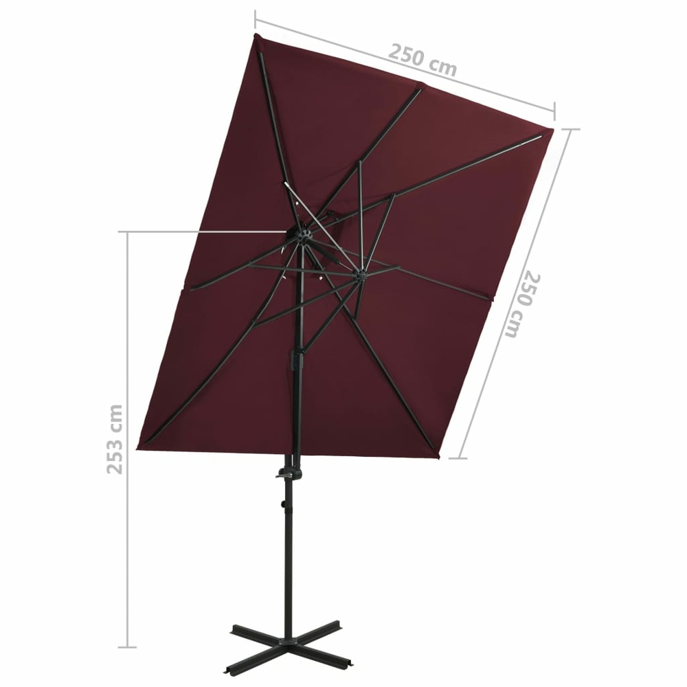 Parasol déporté à double toit 250 x 250 cm rouge bordeaux