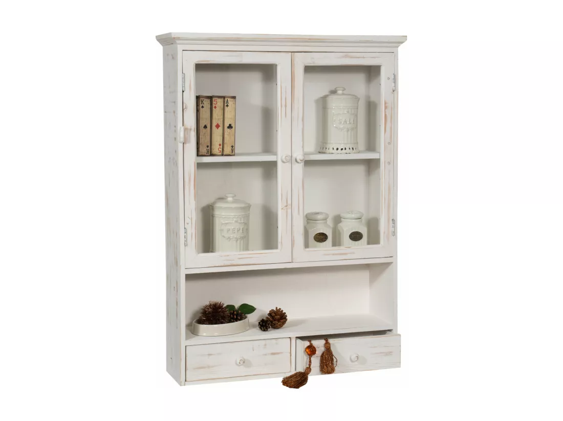 Caisson de cuisine 56x79x16 cm - 2 Tiroirs - 2 Portes Vitrées - Blanc Antique - SHABBY CHARME - 1 meuble haut - Vitrine murale pour salle de bain et salon