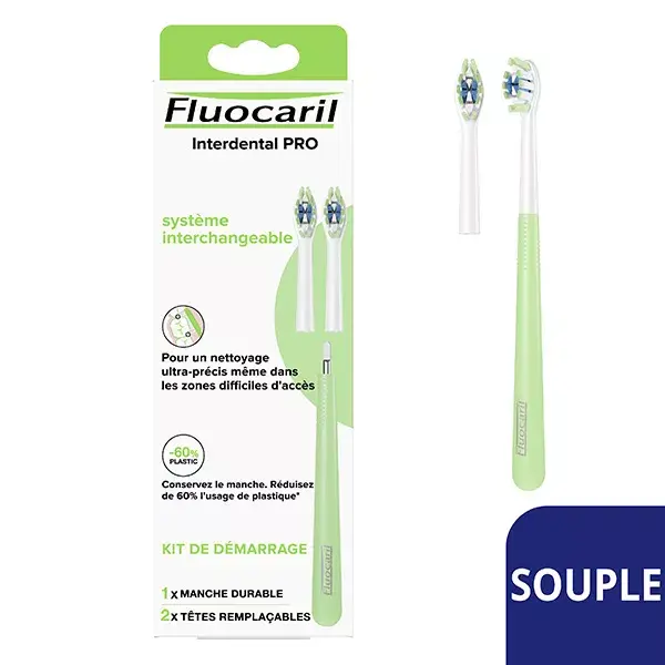 Fluocaril Brosse à Dents Interdental PRO Souple Kit 1 Manche Durable + 2 Têtes Remplaçables