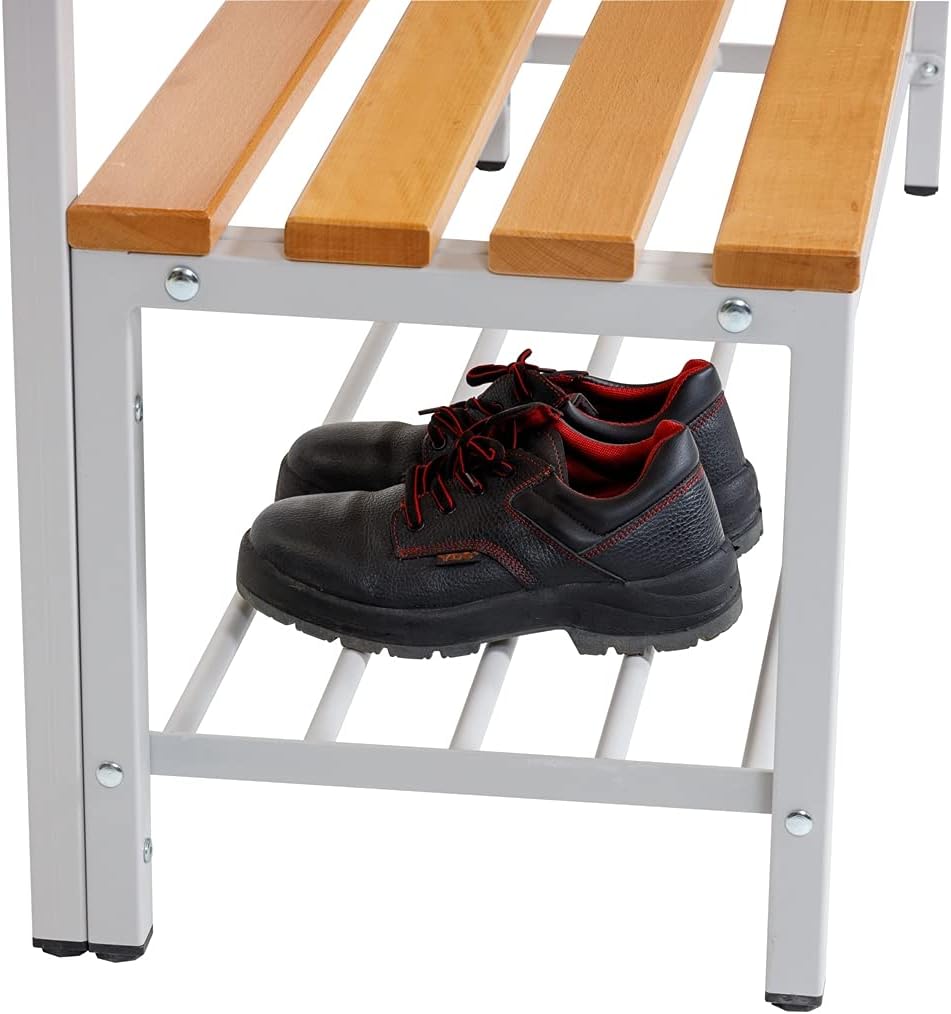 furni24 Umkleidesitzbank mit Stahlrahmen, Garderobenbank Sportraum Bank für Fitnessstudio Buche Echtholz, lackierter, Hakenleiste und TÜV/GS getestet - 200 cm Einseitige mit Schuhrost - Grau