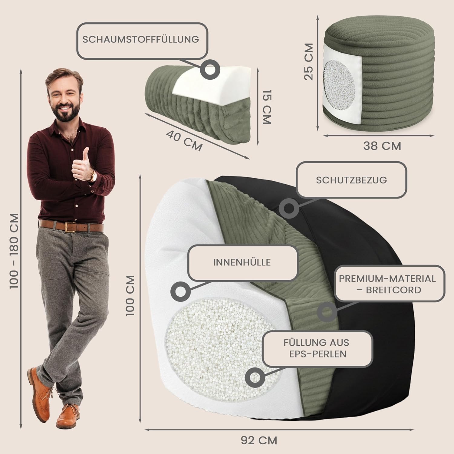 DreamRoots Sitzsack Erwachsene - Sessel Wohnzimmer 92x70x100 cm mit Hocker, Kopfstütze und Aufbewahrungstasche - Bean Bag Chair - Lesesessel Bequem Superweich und flauschig Cord 420 g/m² - Grün
