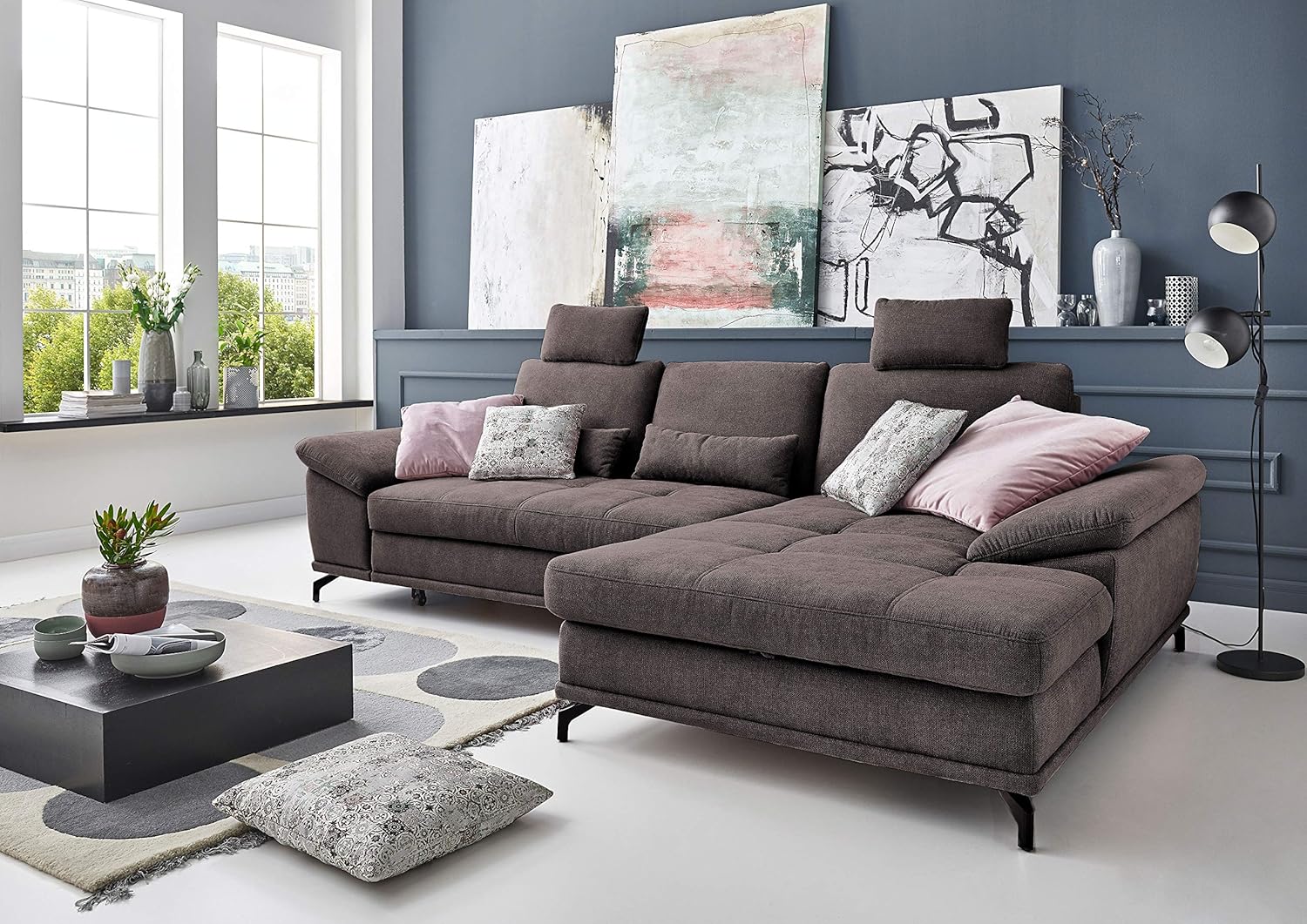 Cavadore Schlafsofa Castiel mit Federkern / Großes Bettsofa in L-Form mit Bettkasten, Sitztiefenverstellung, Kopfstützen und XL-Longchair / 312 x 114 x 173 / Webstoff, Dunkelbraun