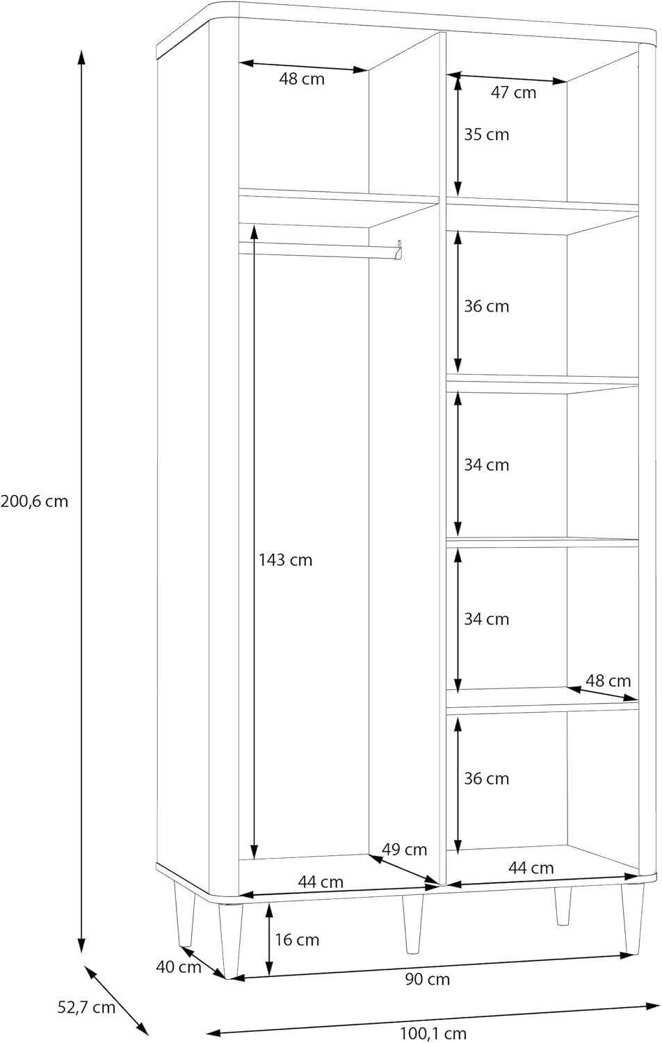 Forte LACETTI Kleiderschrank 100, moderner Schrank mit Skandi Lamellen Design, 2-türig, Schlafzimmer, Kaschmir | Beige mit Valencia Eiche Holzdekor, 100,1 cm breit x 200,5 cm hoch x 52,7 cm tief