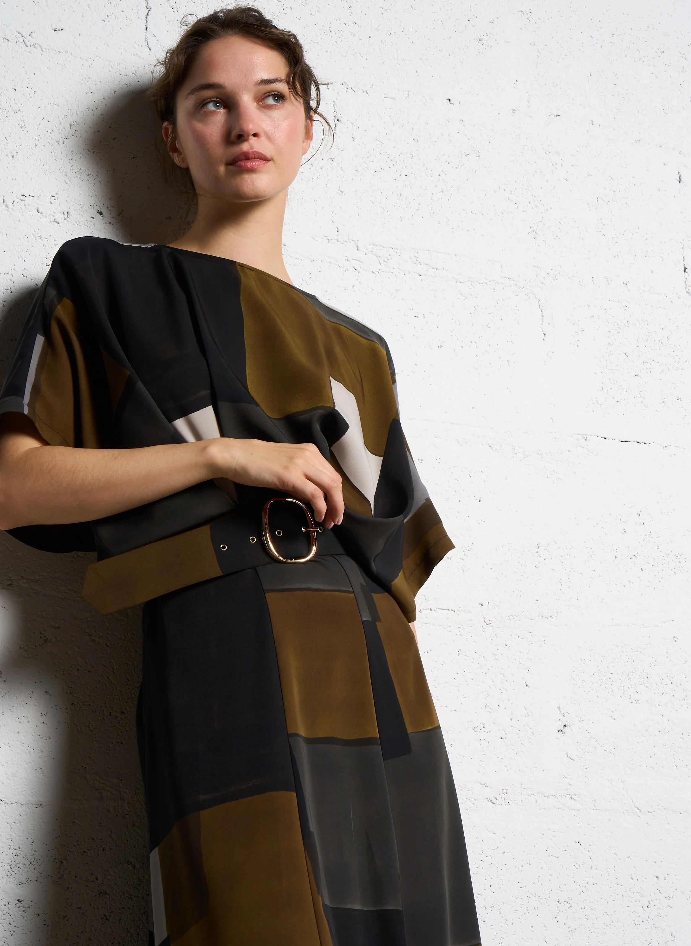 Robe longue col rond imprimée | Gris
