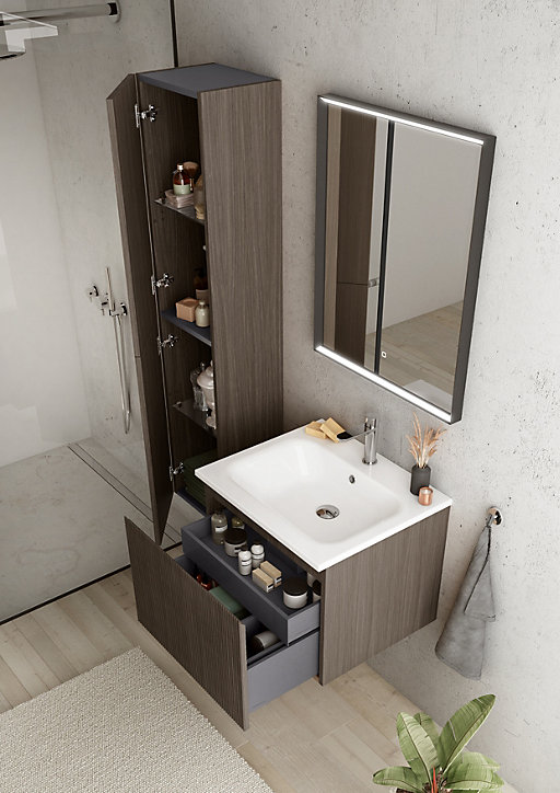 Meuble sous vasque à suspendre Pura placage noyer strié 90 cm + Plan vasque en résine blanc brillant