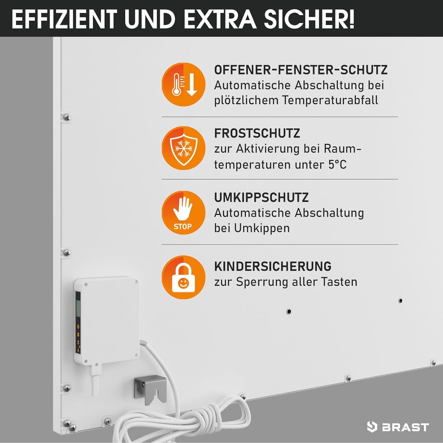 BRAST® Infrarotheizung mit Thermostat | 300-1100 Watt | Made in Europe | Inkl. Wandhalterung | hoher Wirkungsgrad | Flexibler Einsatz | Ultraflache Bauweise | IP-TH 700