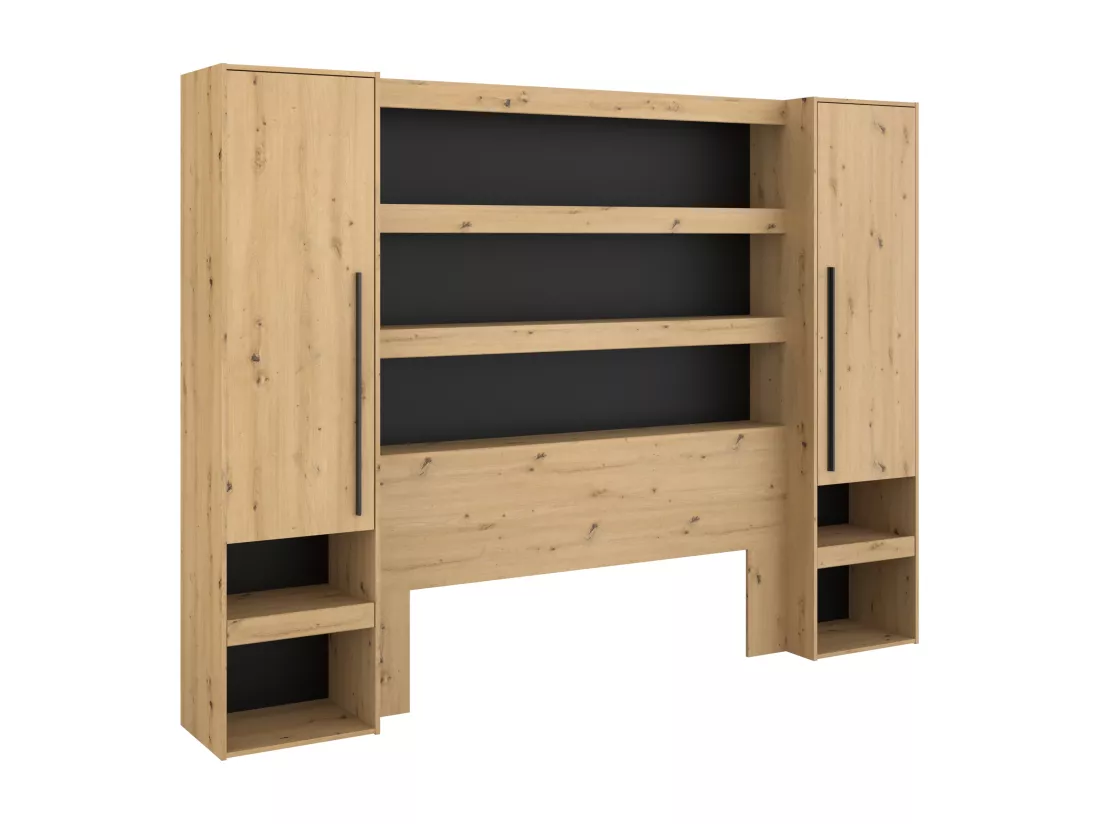 Lit pont 140 x 190/200 cm avec rangements - Avec LEDs - Coloris : Naturel et noir + Sommier - VARLY