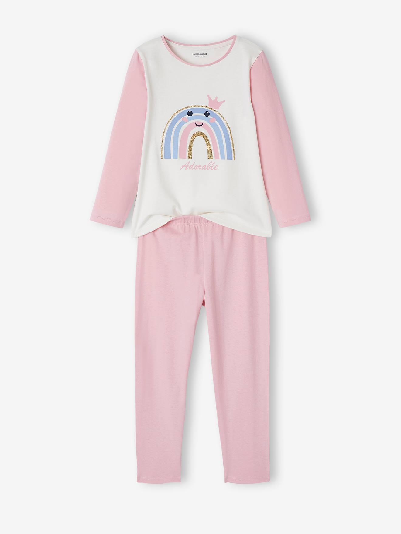 Conjunto com 2 pijamas arco-íris, tamanho médio infantil, lisinhos violeta com estampas.